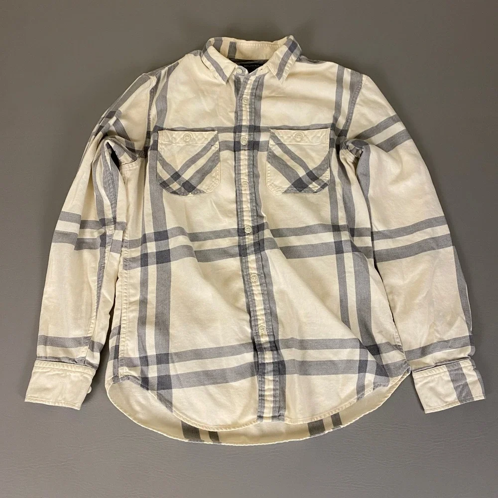 Banana Republic Flannel Shirt Men's Small Ivory Gray Slim Fit Plaid Button Up